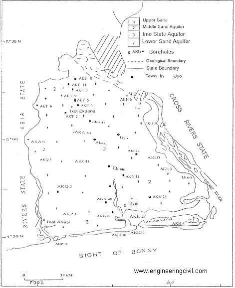 Fig3- Map of Akwa Ibom State showing the ariel distribution of hydrostratigraphic units