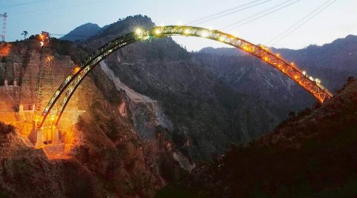 Chenab Bridge under construction at night